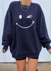 Navy Print Sweatshirt Women Casual Tops - SooLinen