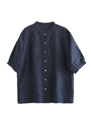 Navy 2024 Cotton Shirts Stand Collar Embroideried Half Sleeve