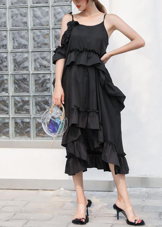 New Black Summer Ruffles Cotton Maxi Dresses - SooLinen