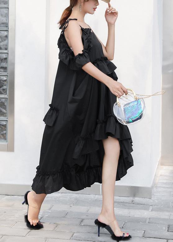 New Black Summer Ruffles Cotton Maxi Dresses - SooLinen