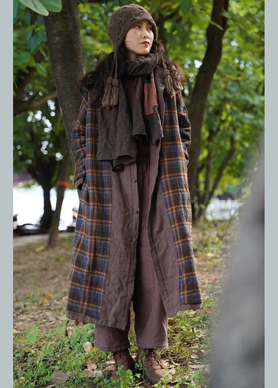 New Chocolate Plaid hooded Wear on both sides Pockets Winter Cotton Women Coat