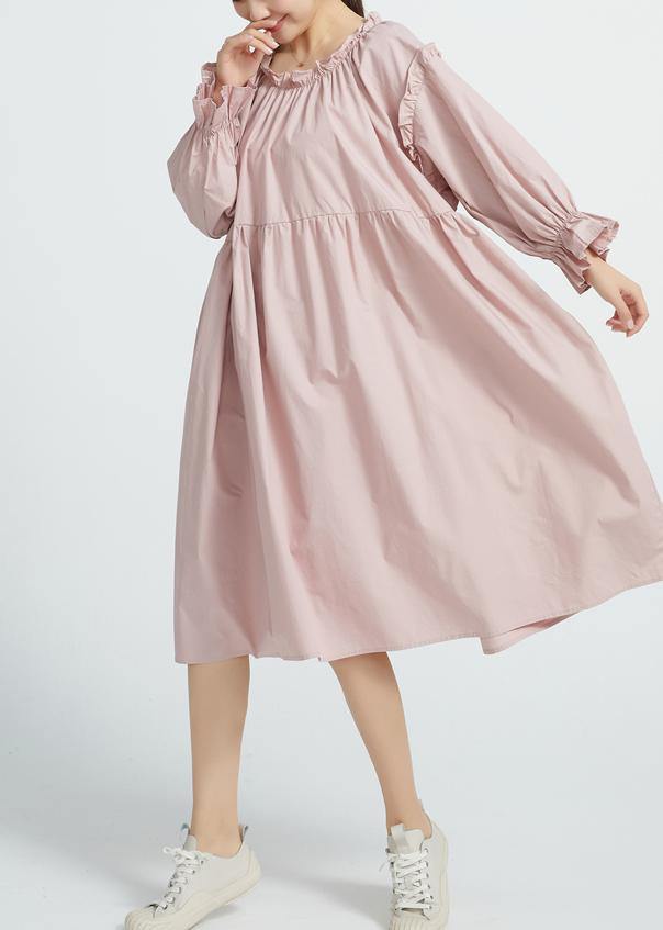 New High waist cotton Ruffles collar women Dresses Wardrobes Pink  long Dresses - SooLinen