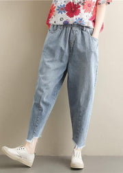 New Korean retro trousers  elastic waist light blue jeans summer - SooLinen