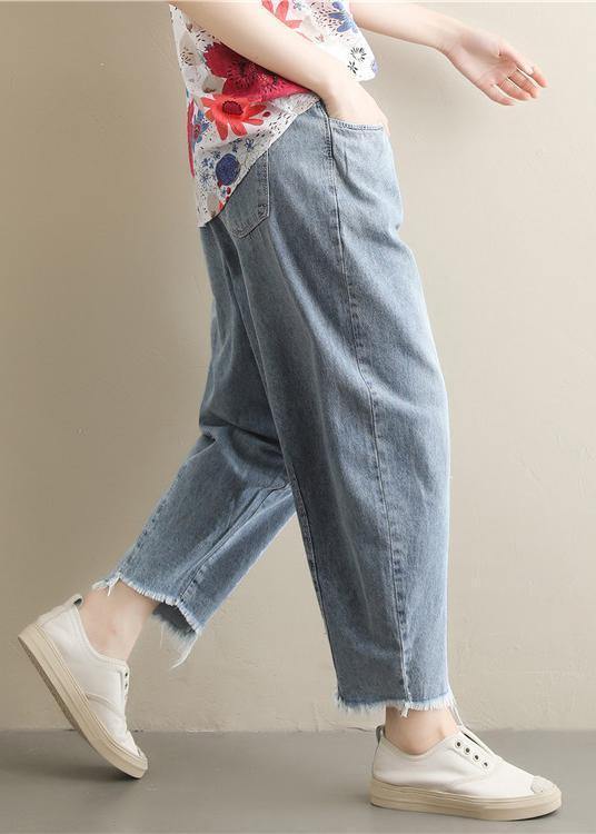 New Korean retro trousers  elastic waist light blue jeans summer - SooLinen