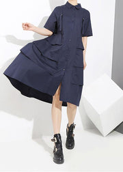 New Woman Summer Solid Blue Elegant Style Shirt Dress - SooLinen