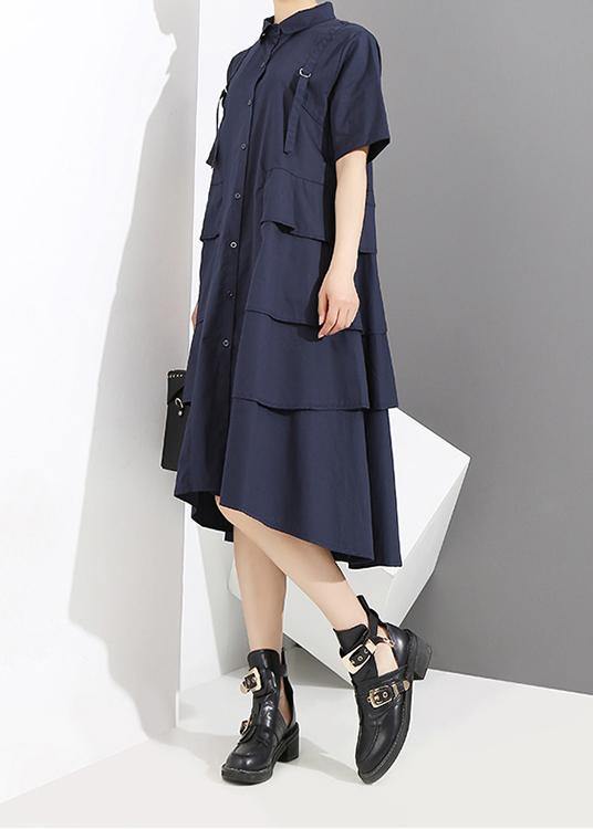 New Woman Summer Solid Blue Elegant Style Shirt Dress - SooLinen