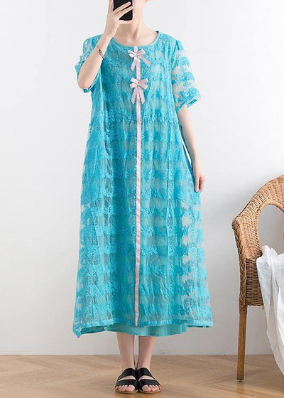 New blue lace embroidery organza heavy industry retro exquisite loose dress - SooLinen