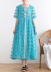 New blue lace embroidery organza heavy industry retro exquisite loose dress - SooLinen