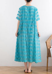 New blue lace embroidery organza heavy industry retro exquisite loose dress - SooLinen