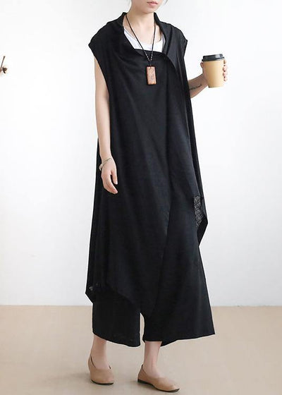 New casual ladies black vest with cotton wide-leg pants two-piece suit - SooLinen