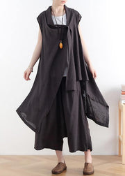 New casual ladies black vest with cotton wide-leg pants two-piece suit - SooLinen