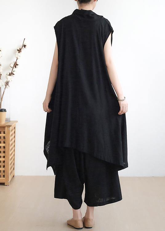 New casual ladies black vest with cotton wide-leg pants two-piece suit - SooLinen