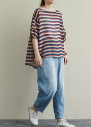 New casual suit female loose large size red and blue striped T-shirt Tencel blue jeans two-piece suit - SooLinen