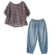 New casual suit female loose large size red and blue striped T-shirt Tencel blue jeans two-piece suit - SooLinen