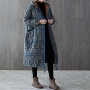 New casual winter jacket winter outwear blue print hooded drawstring coat - SooLinen