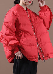 New casual womens parka Jackets red stand collar Ruffles warm winter coat - SooLinen