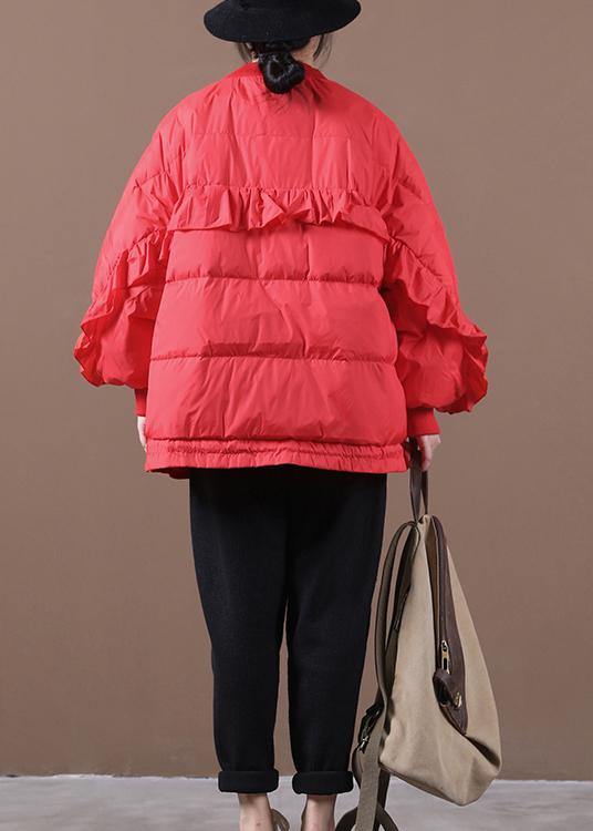 New casual womens parka Jackets red stand collar Ruffles warm winter coat - SooLinen