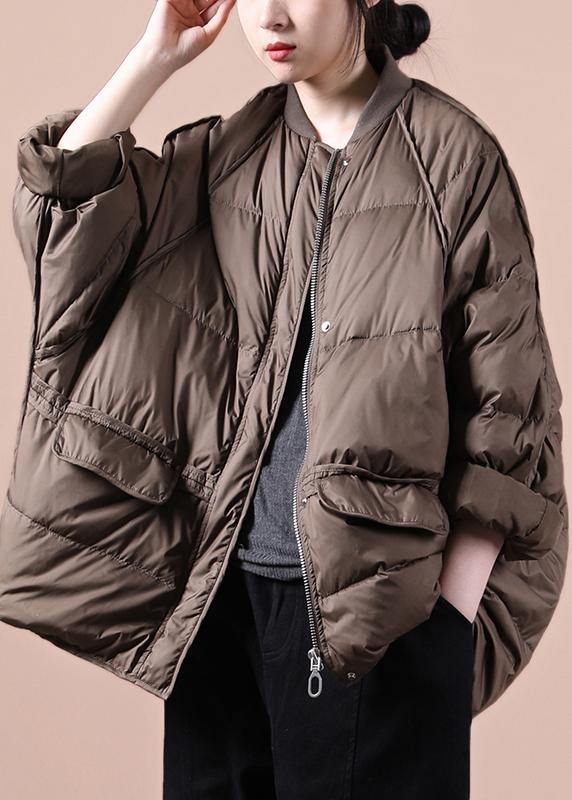 New chocolate down jacket woman oversize snow pockets zippered  coats - SooLinen