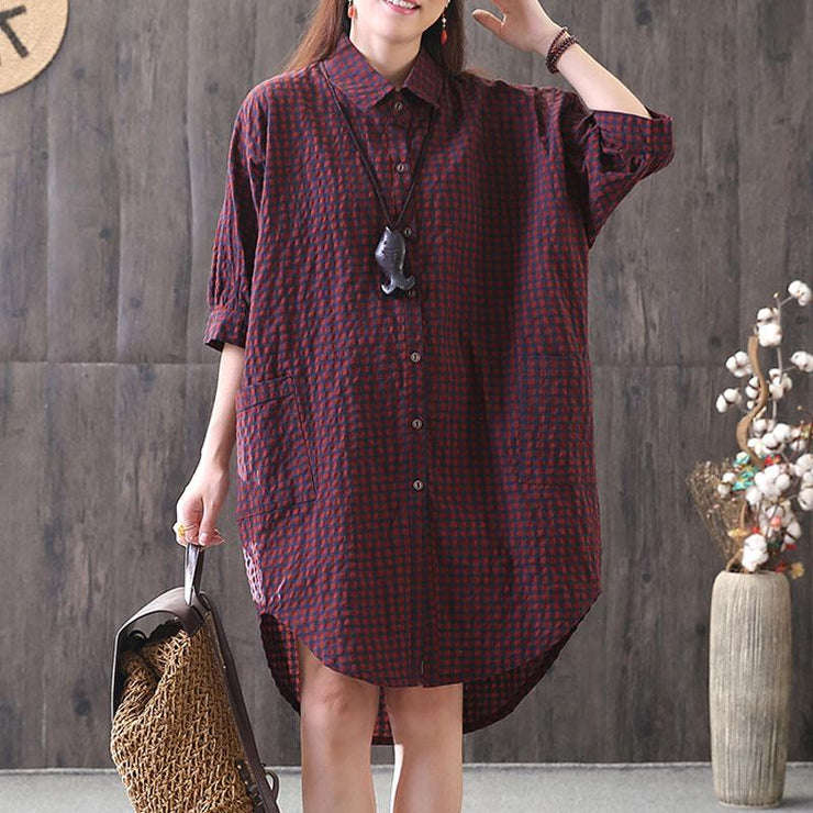 New cotton blended blouse casual Loose Casual Plaid Single Breasted Women Red Shirt