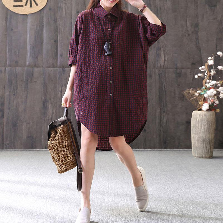 New cotton blended blouse casual Loose Casual Plaid Single Breasted Women Red Shirt