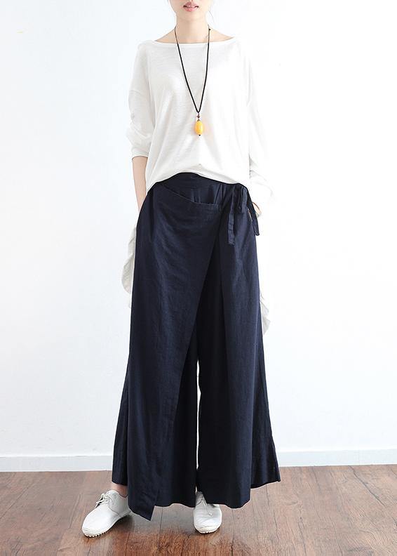 New dark blue ladies loose tie irregular wide leg cotton and linen pants - SooLinen