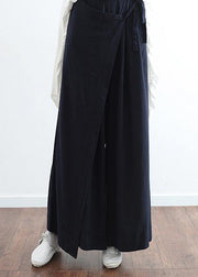 New dark blue ladies loose tie irregular wide leg cotton and linen pants - SooLinen