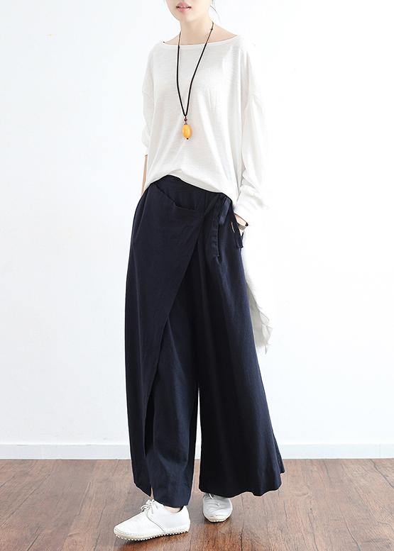 New dark blue ladies loose tie irregular wide leg cotton and linen pants - SooLinen