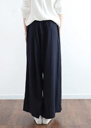 New dark blue ladies loose tie irregular wide leg cotton and linen pants - SooLinen