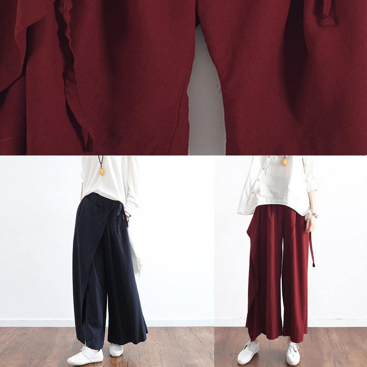 New dark blue ladies loose tie irregular wide leg cotton and linen pants - SooLinen