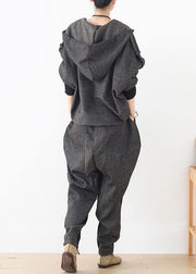 New heavy sweater hooded loose zipper coat and elastic waist pants - SooLinen