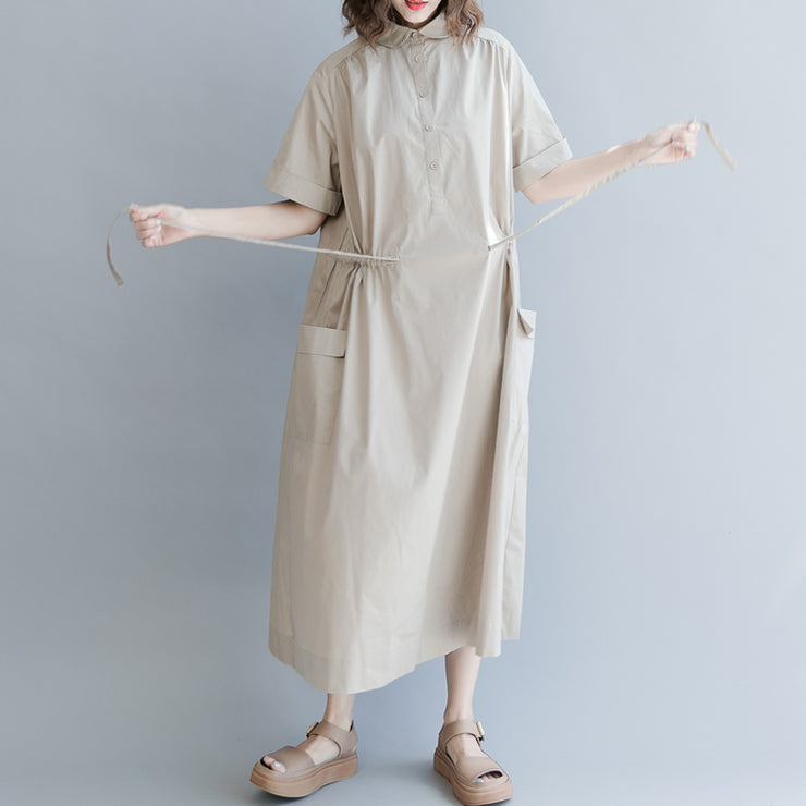 New khaki cotton blended dress plus size clothing traveling clothing Elegant short sleeve pockets Turn-down Collar baggy dresses