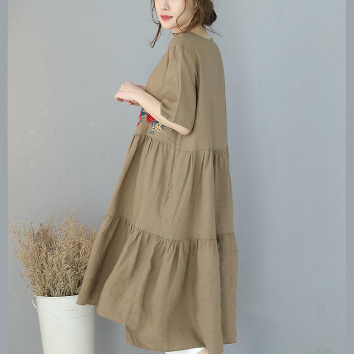 New khaki natural linen dress trendy plus size embroidery linen clothing dress 2018short sleeve caftans