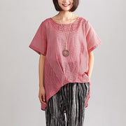 New linen blended summer top casual Summer Loose Leisure Short Sleeve Women Red Stripe Blouse