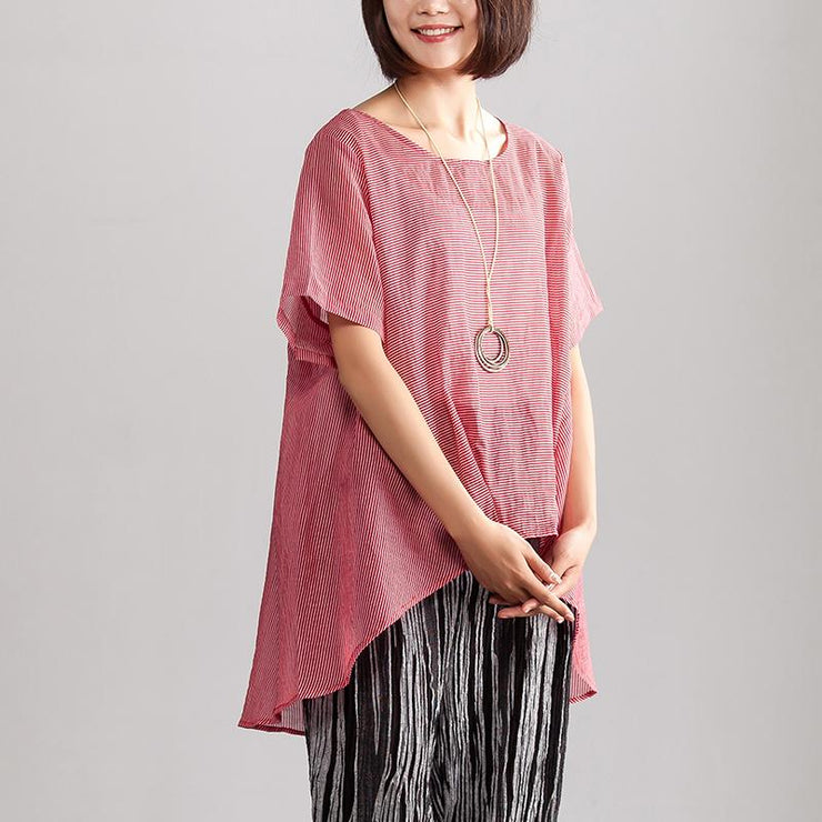 New linen blended summer top casual Summer Loose Leisure Short Sleeve Women Red Stripe Blouse