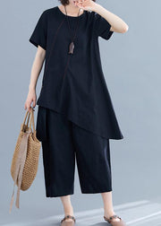 New loose women's fashion black cotton and linen irregular shirt + pants casual suit - SooLinen