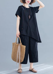 New loose women's fashion black cotton and linen irregular shirt + pants casual suit - SooLinen