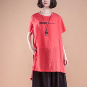 New natural linen t shirt plus size Short Sleeve slit Summer Casual Red Women Tops