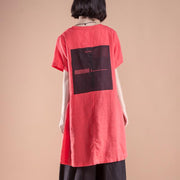 New natural linen t shirt plus size Short Sleeve slit Summer Casual Red Women Tops