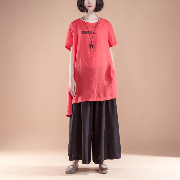 New natural linen t shirt plus size Short Sleeve slit Summer Casual Red Women Tops