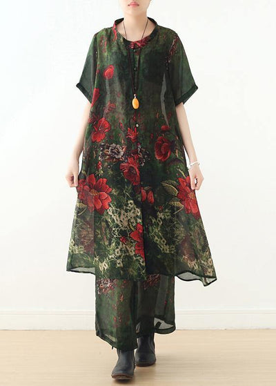 New original silk printed large size long coat loose wide leg pants green two-piece - SooLinen