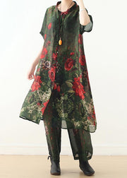 New original silk printed large size long coat loose wide leg pants green two-piece - SooLinen