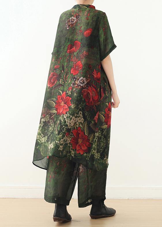 New original silk printed large size long coat loose wide leg pants green two-piece - SooLinen