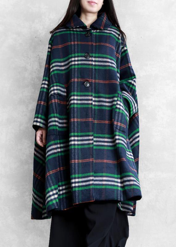 New oversized Winter coat fall coat blue plaid Peter pan Collar woolen overcoat - SooLinen