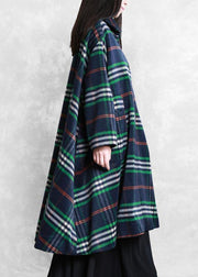 New oversized Winter coat fall coat blue plaid Peter pan Collar woolen overcoat - SooLinen