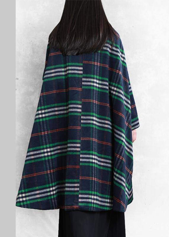 New oversized Winter coat fall coat blue plaid Peter pan Collar woolen overcoat - SooLinen