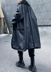 New oversized long jackets winter coats black zippered wool overcoat - SooLinen