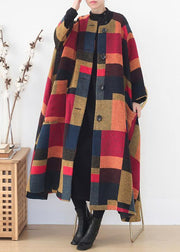 New plus size clothing trench coat  outwear yellow plaid o neck exra large hem wool coat - SooLinen