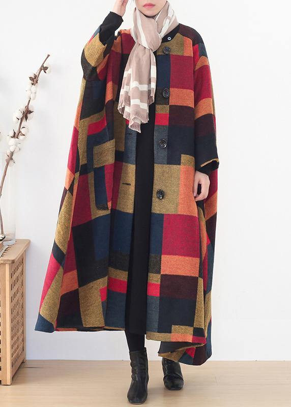 New plus size clothing trench coat  outwear yellow plaid o neck exra large hem wool coat - SooLinen