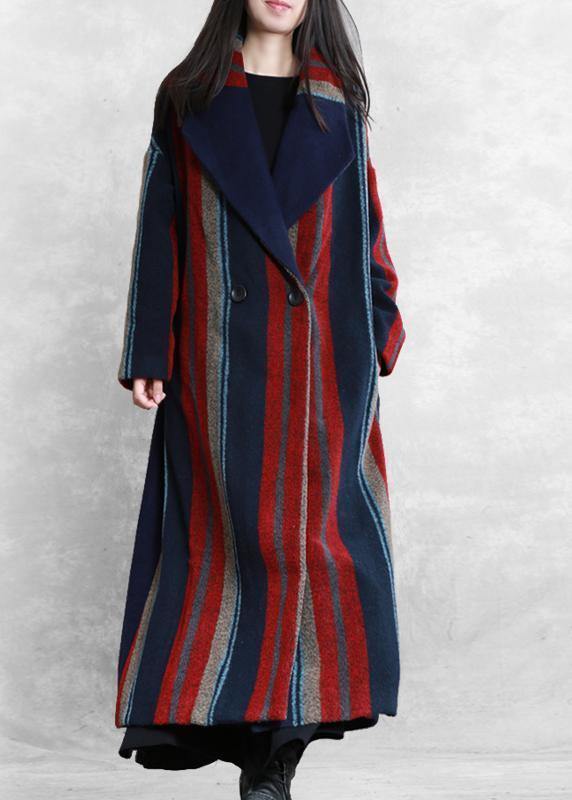 New plus size maxi coat blue red striped Notched tie waist Wool jackets - SooLinen