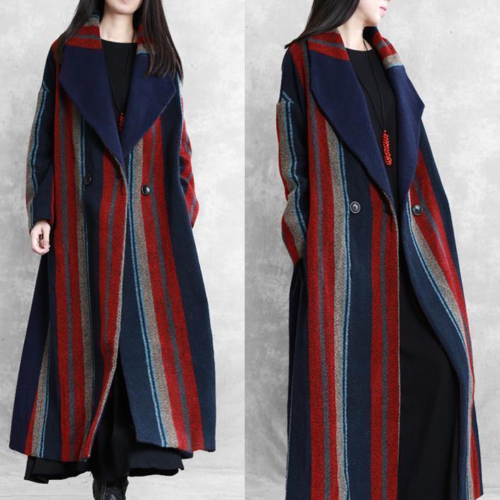 New plus size maxi coat blue red striped Notched tie waist Wool jackets - SooLinen